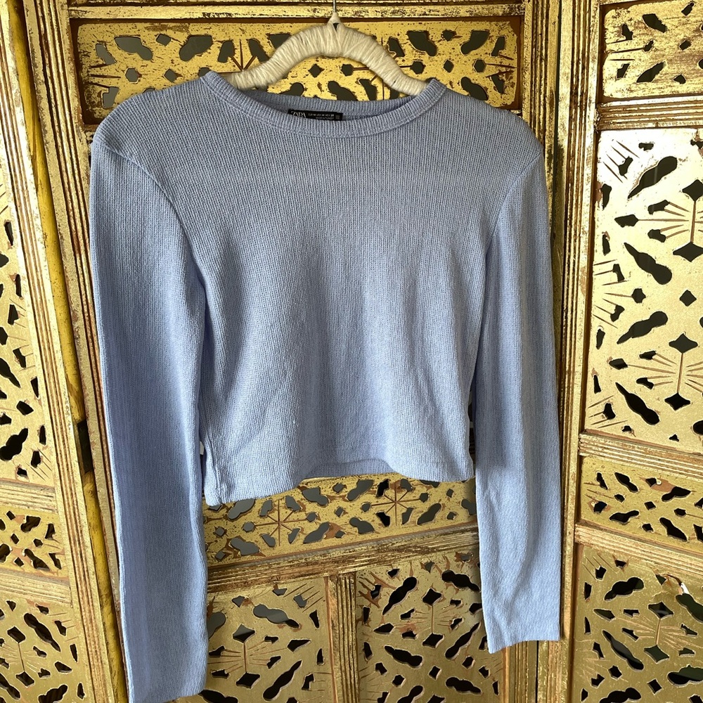 Zara Pale Blue Cropped Knit Long-Sleeve Top